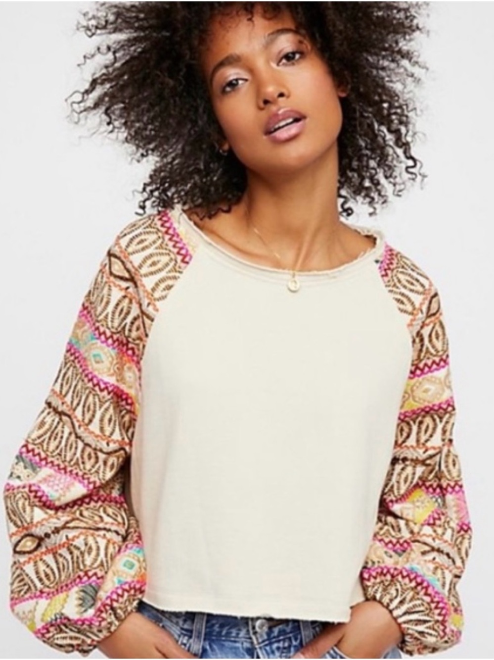 FREE PEOPLE Gone Global Cropped Embroidered Sweatshirt Top XS